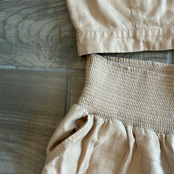 Isabel Maternity Tan Beige Linen Wide Leg Pant Matching Set with Crop Top - Picture 4 of 6